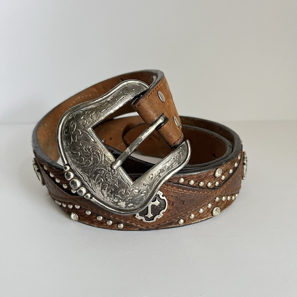 Nocona Studded Belt brown silver womens cross *flaw* 40" rodeo cowgirl western